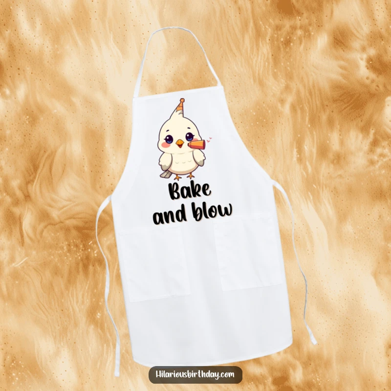 Funny apron showcasing a kawaii bird character wearing a tiny party blower in its beak, ready to add festive humor to any meal prep.