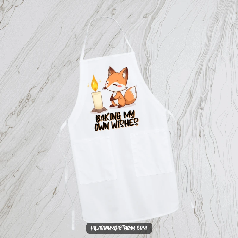 Funny fox birthday apron showing a determined fox with puffed cheeks, ready to blow out a large birthday candle.