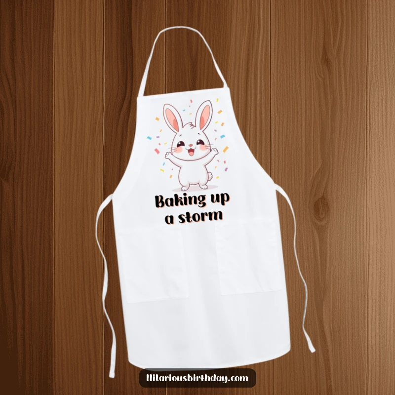 Funny cheerful rabbit tossing confetti, on a kitchen apron, ideal for cooking with a funny, festive spirit.