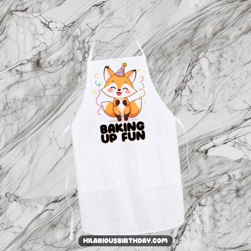 Funny Fox Party Apron: Cheerful fox character wearing a party hat, twirling with streamers, perfect for kitchen fun.