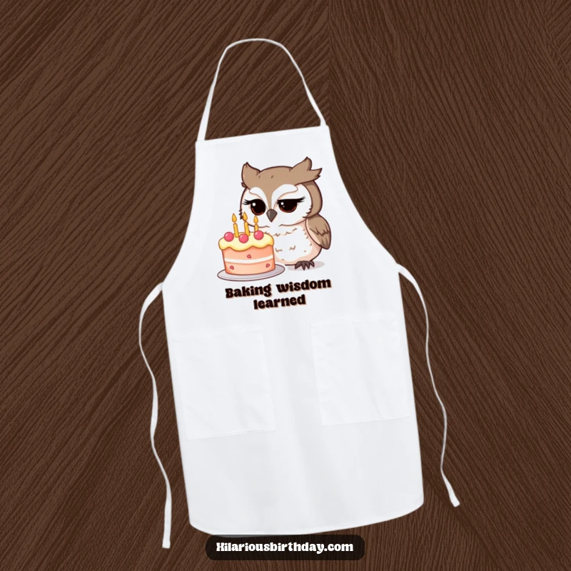 Funny owl character intently studying a whimsical birthday cake on this humorous kitchen apron, a brilliant funny gift for bakers.