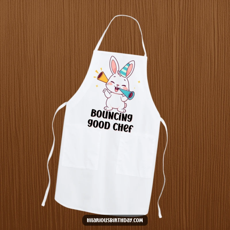 Funny bunny apron, a happy bunny character blowing enthusiastically on a party horn, festive kitchen attire.
