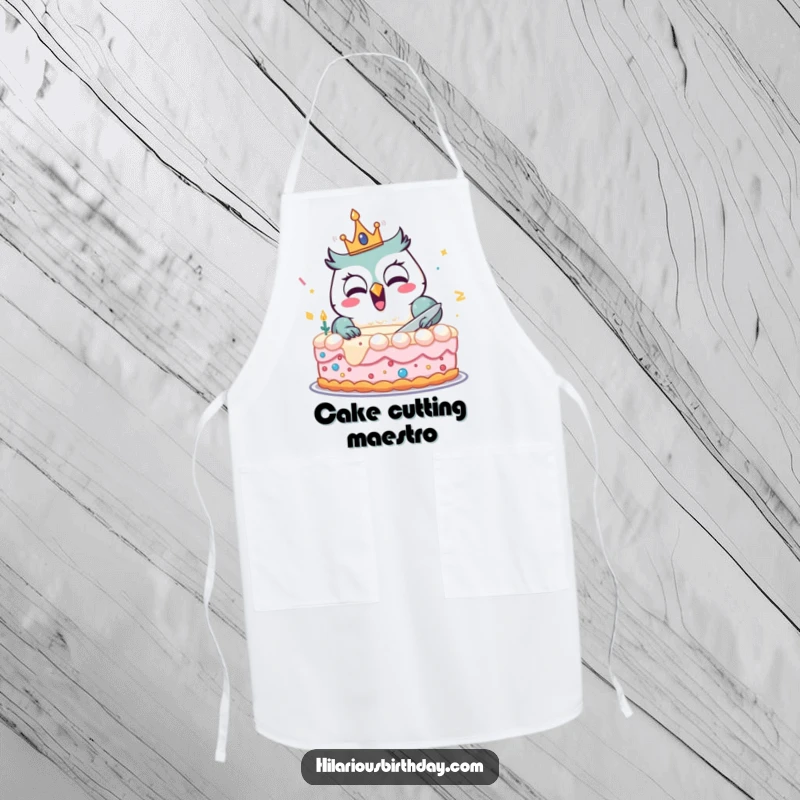 Funny apron featuring a delighted owl with a birthday crown, joyfully cutting a large cake, ready for festive baking.