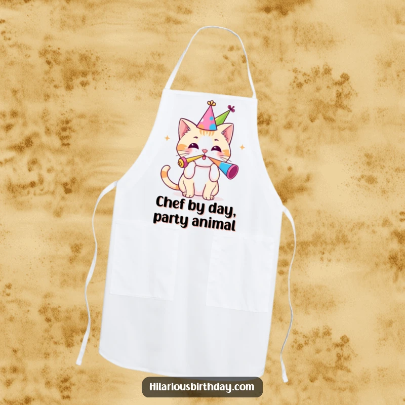 Funny apron featuring a cute Kawaii cat in a party hat, enthusiastically blowing a party horn, ideal for kitchen parties.