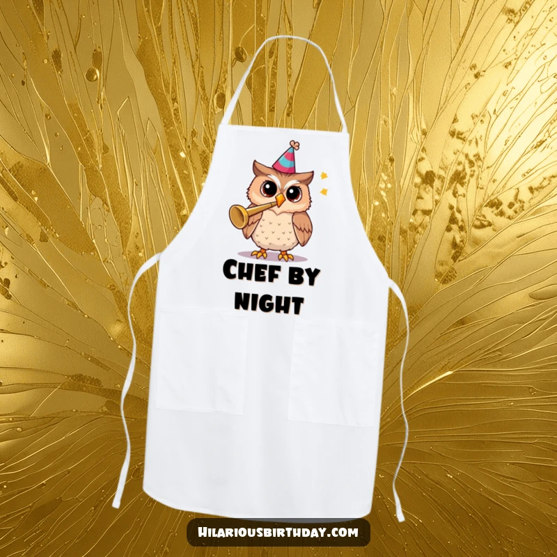 Funny apron showing a cheerful owl wearing a party hat and playing a trumpet while cooking.