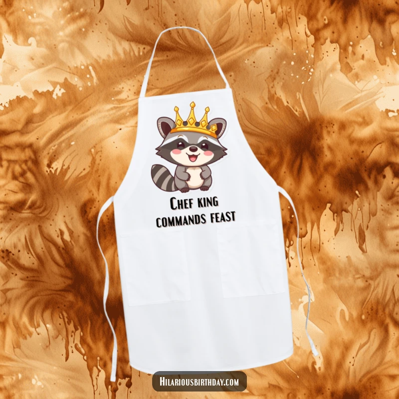 Funny apron depicting a happy raccoon character triumphantly wearing a shiny golden crown, a regal design for kitchen royalty.
