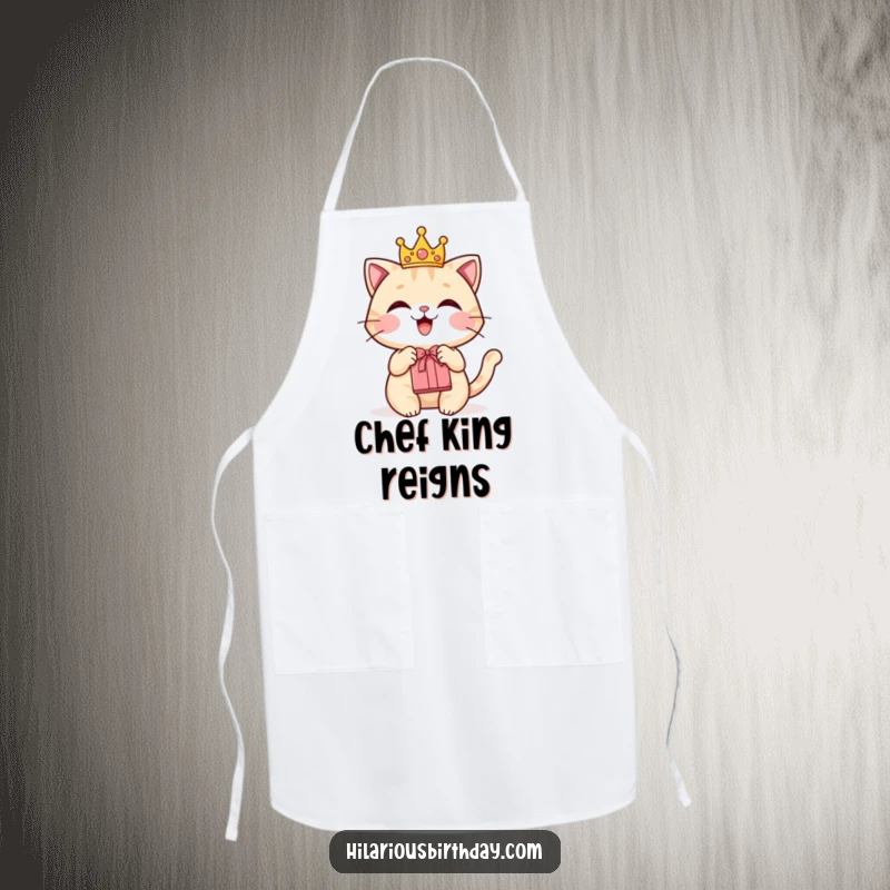Funny apron showing a delighted cat wearing a crown and holding a gift bag while cooking.