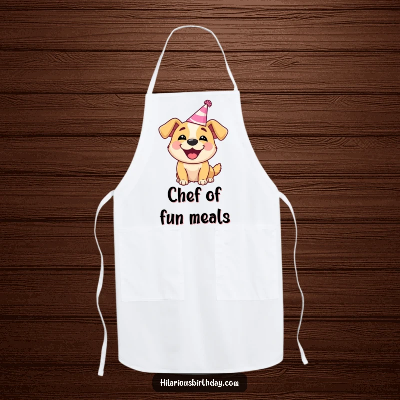 Funny Dog Apron: Delighted dog wearing a silly party hat, barking happily, ideal for kitchen fun.