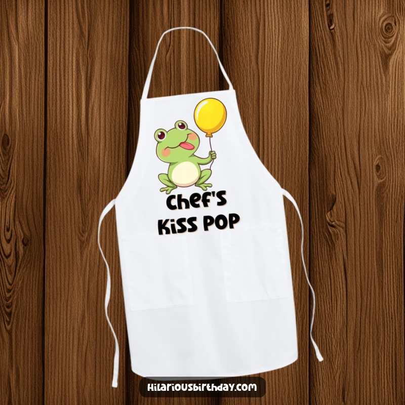 Funny apron showcasing a kawaii frog character happily popping a balloon with its tongue, ready to add a humorous touch to meal preparation.