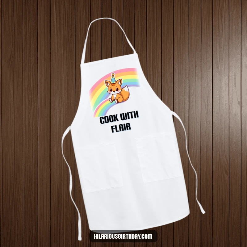 Funny apron showcasing a kawaii fox character sliding down a rainbow wearing a party crown, ready to add whimsical humor to any meal prep.
