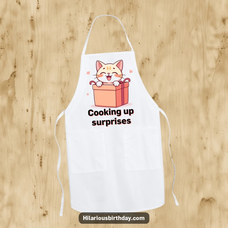 Funny cat apron featuring a delighted cat character eagerly opening a large gift box, perfect for kitchen fun.