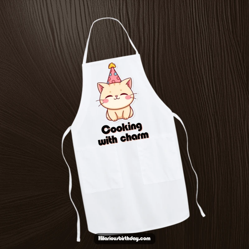 Funny kawaii cat character in an apron, wearing a party hat and winking, ideal for a kitchen accessory.