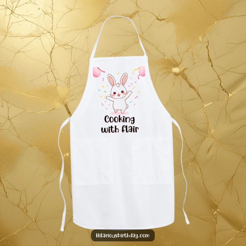 Funny kawaii rabbit character in an apron, gleefully dancing with streamers, ideal for a kitchen accessory.
