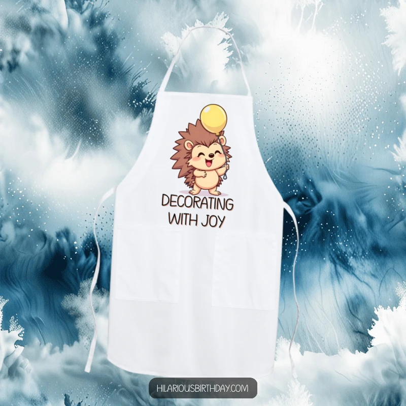 Funny smiling hedgehog character excitedly grasping a floating balloon on this humorous kitchen apron, a brilliant funny gift for cooks.