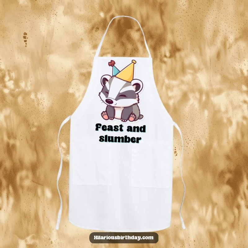 Funny sleepy badger apron showing a tired badger in a party hat, ideal for a relaxed cooking experience.