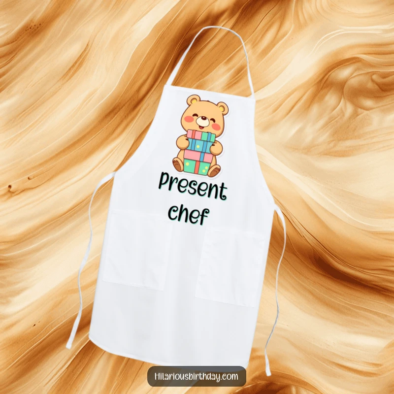 Funny bear apron with a smiling character joyfully balancing a stack of presents, a humorous and festive accessory for the kitchen.