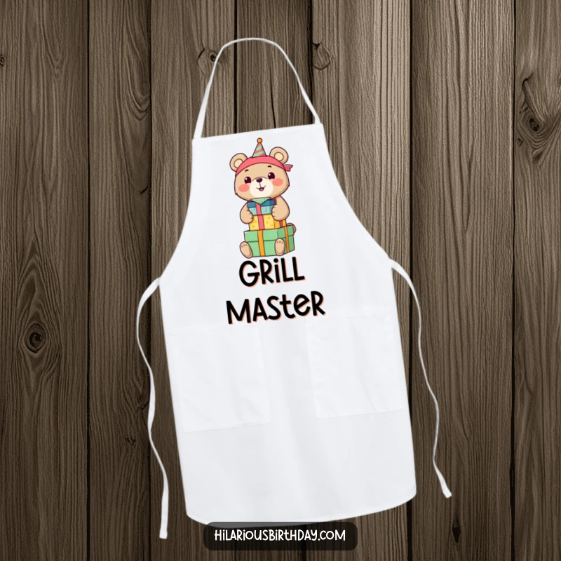 Funny apron featuring a smiling bear in a birthday bandana, gleefully stacking colorful gift boxes, perfect for festive cooking.