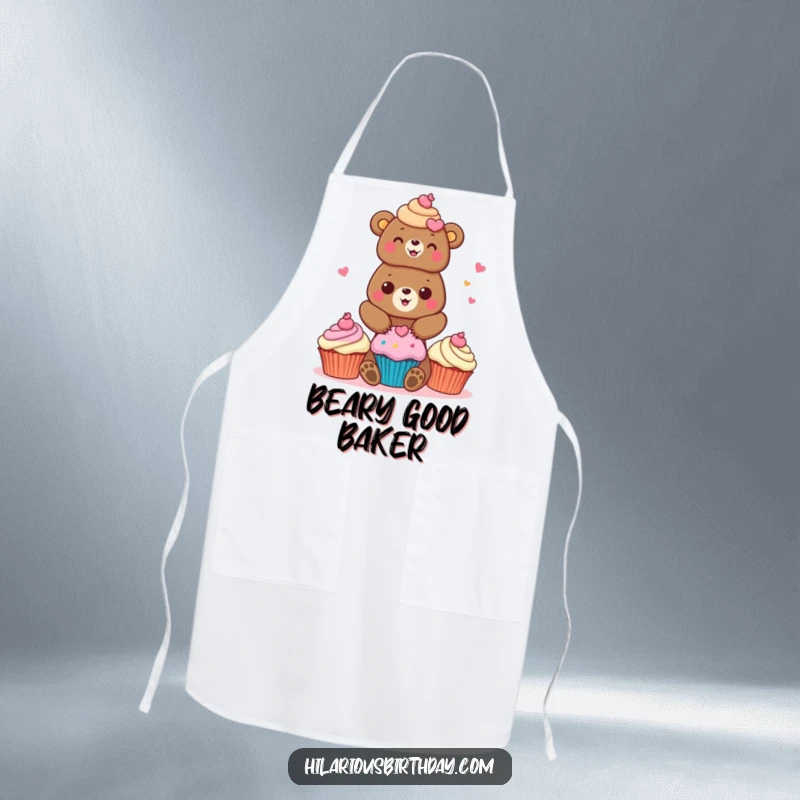 Funny bear apron featuring a cheerful bear character stacking brightly colored cupcakes, perfect for bakers.