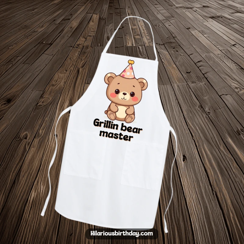 Funny bear apron, a cute bear character wearing a festive party hat, ready to celebrate, cute kitchen attire.