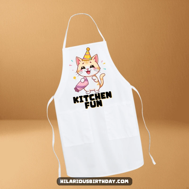 Funny apron featuring a happy cat in a birthday hat, energetically popping a giant party popper, perfect for festive cooking.