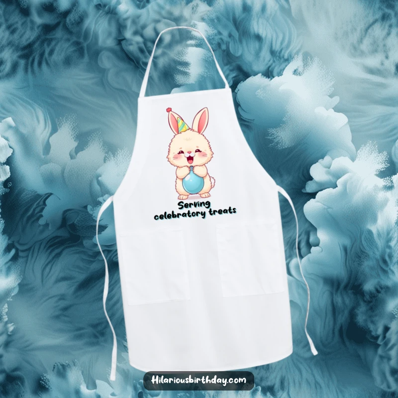 Funny fluffy bunny in a party hat popping a balloon on a kitchen apron, bringing festive fun to cooking.