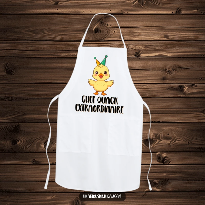 Funny duckling wearing a party crown quacks with glee on this apron, making kitchen duties a festive event.