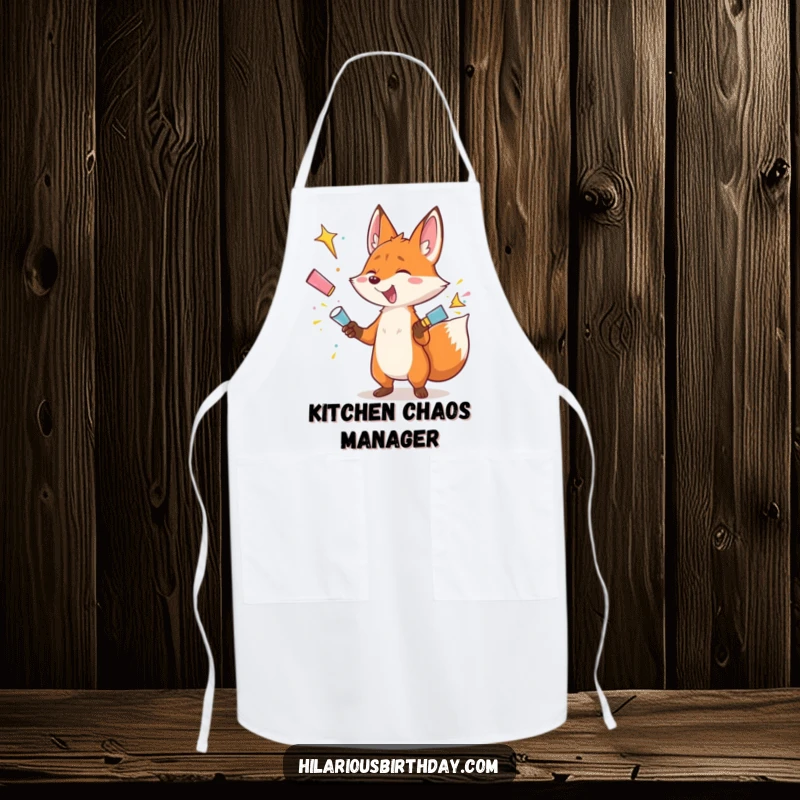 Funny apron depicting a gleeful fox character juggling exploding party poppers, a humorous design for kitchen celebrations.