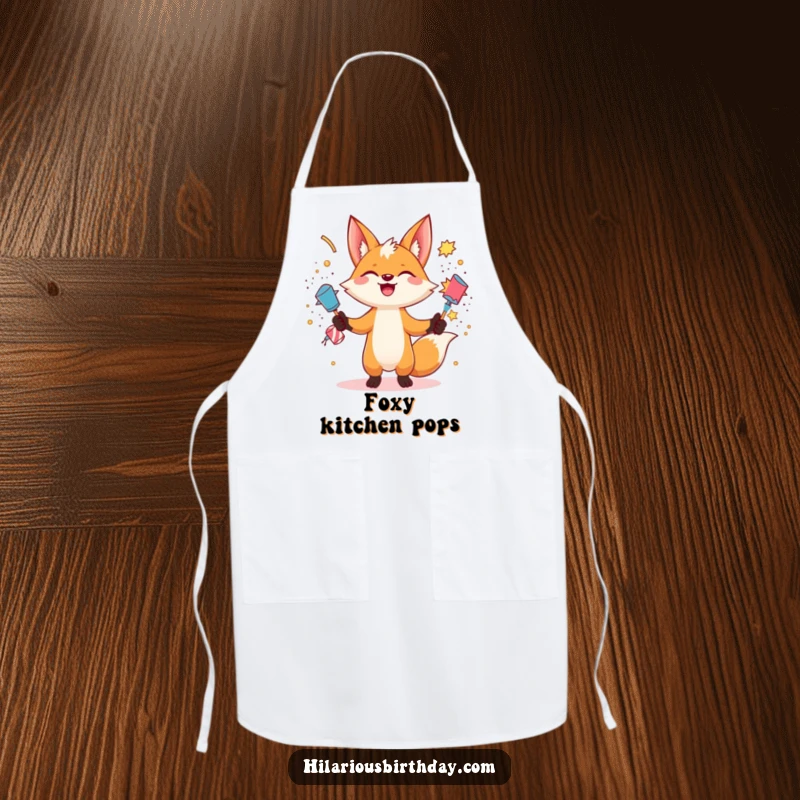 Funny gleeful fox character juggling exploding party poppers on this humorous kitchen apron, a brilliant funny gift for party hosts.