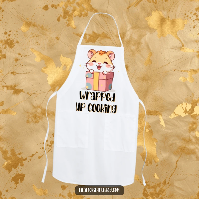 Funny apron featuring a giggling hamster character hiding inside a gift box, perfect for cooking with a hidden smile.