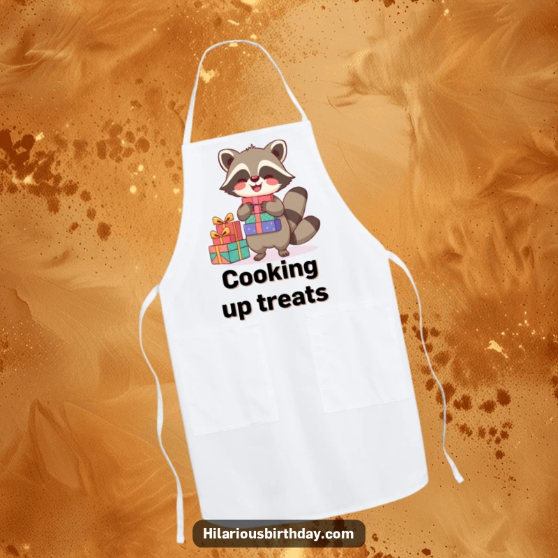 Funny apron featuring a joyful raccoon character balancing a stack of presents, perfect for cooking with festive fun.