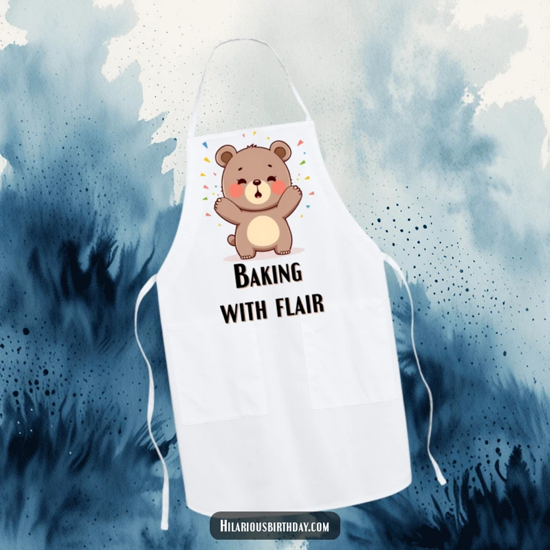 Funny apron featuring a gleeful Kawaii bear character playfully tossing colorful confetti, ideal for festive kitchens.