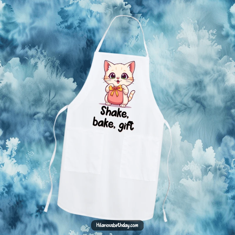 Funny kawaii cat apron, a wide-eyed cat shaking a gift bag, symbolizing kitchen fun and anticipation.