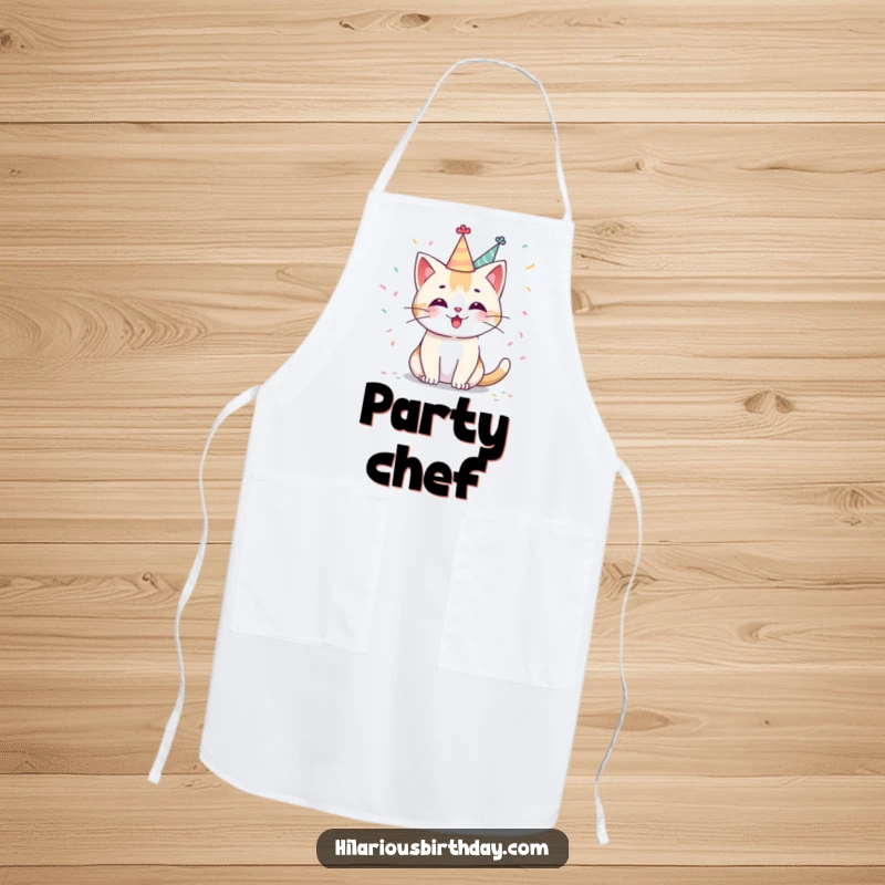 Funny Kawaii cat apron with a cute character in a party hat, joyfully tossing confetti, a humorous and festive accessory for the kitchen.