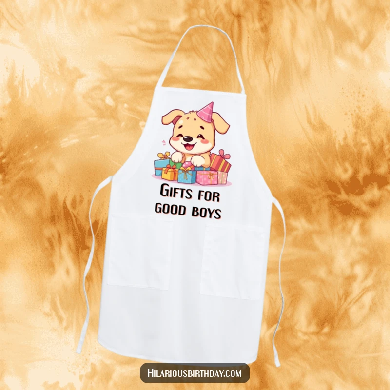 Funny kawaii dog apron, a smiling dog surrounded by colorful birthday presents, ready to help in the kitchen with joy.