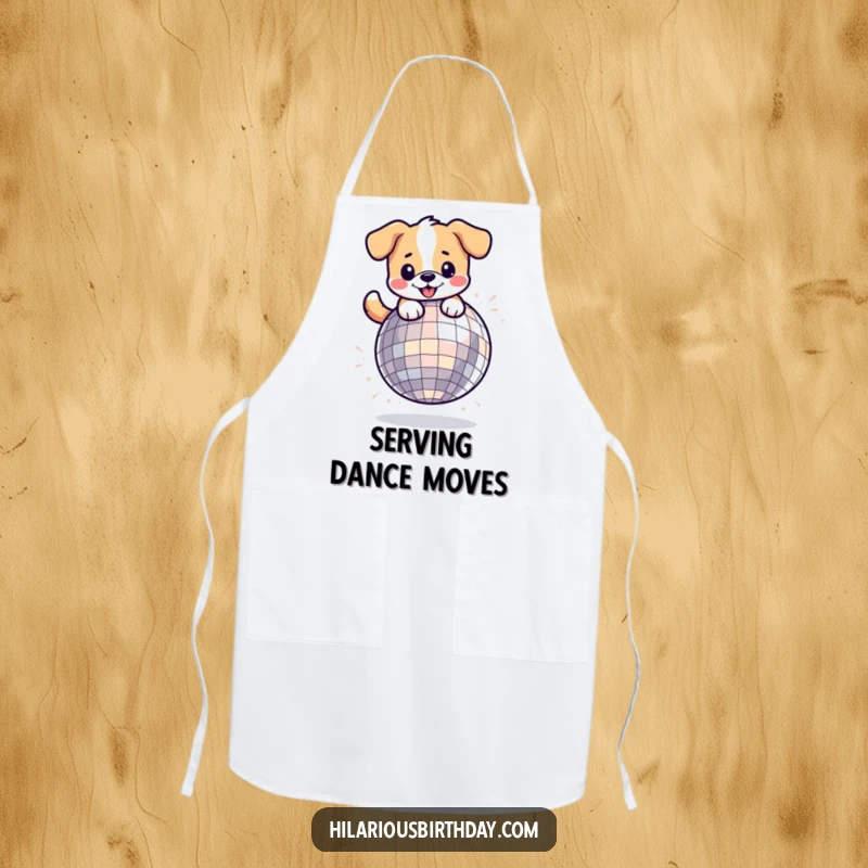 Funny kawaii dog character in an apron, playfully bouncing on a disco ball, perfect for a kitchen accessory.