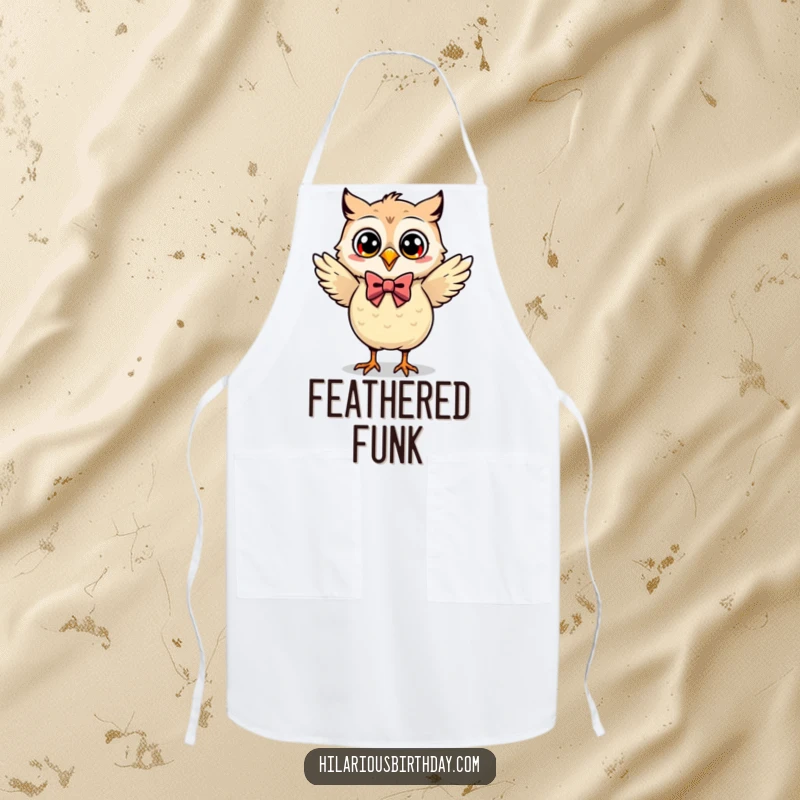 Funny Kawaii owl wearing a bow tie, dancing while cooking on an apron, a great funny gift for chefs.