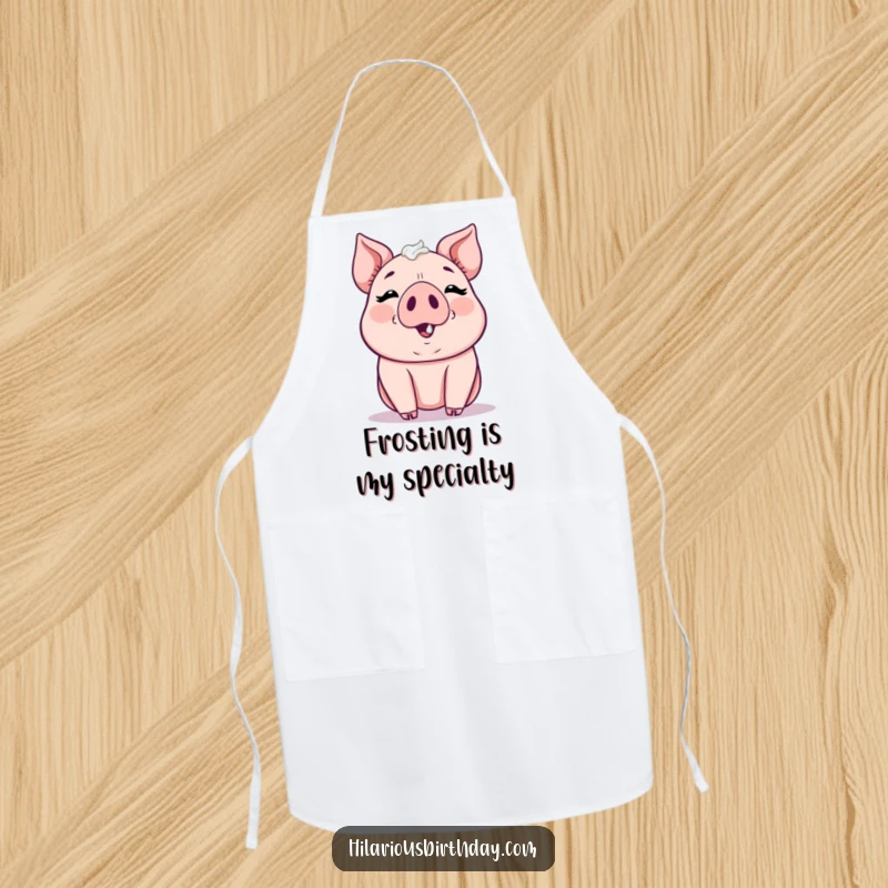 Funny kawaii pig gleefully smudging frosting on its nose, a cute kitchen apron, great funny gift for bakers.