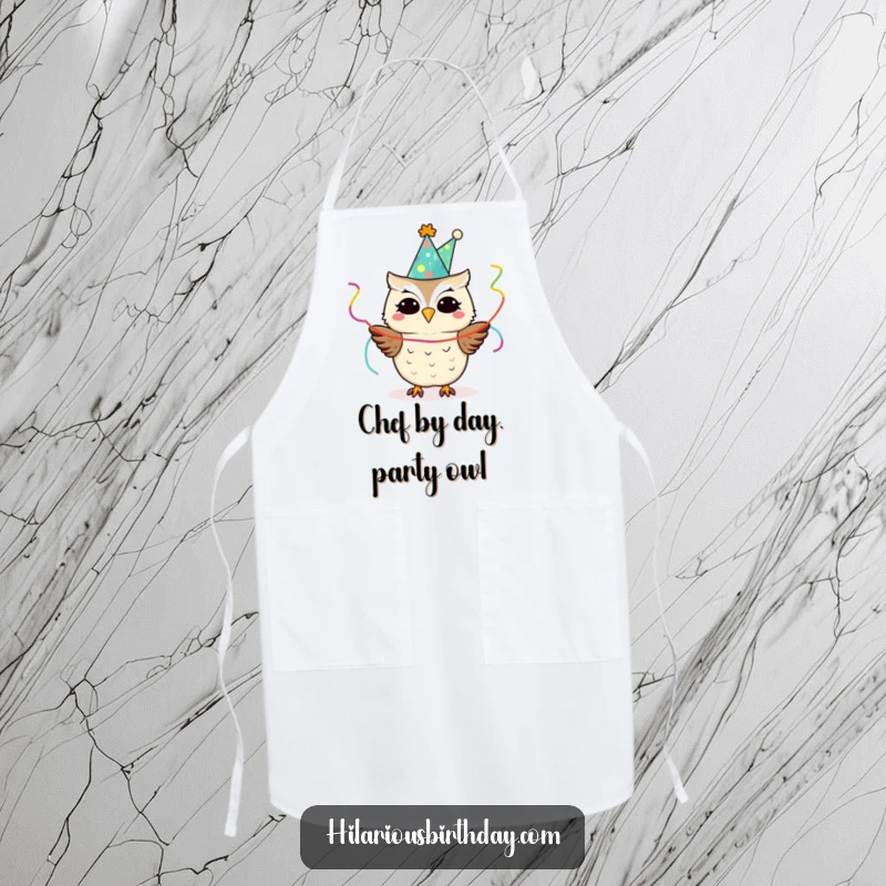 Funny owl in a party hat with streamers, on a kitchen apron, ready for a funny and festive cooking session.