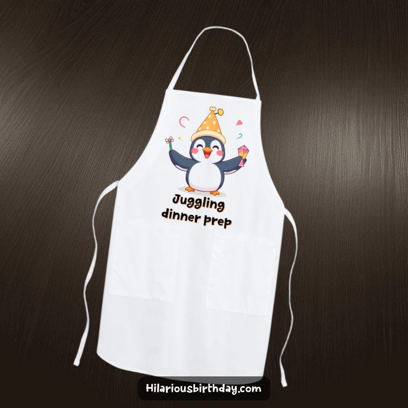 Funny apron featuring a happy penguin with a festive hat, gleefully juggling party favors, ready for festive cooking.