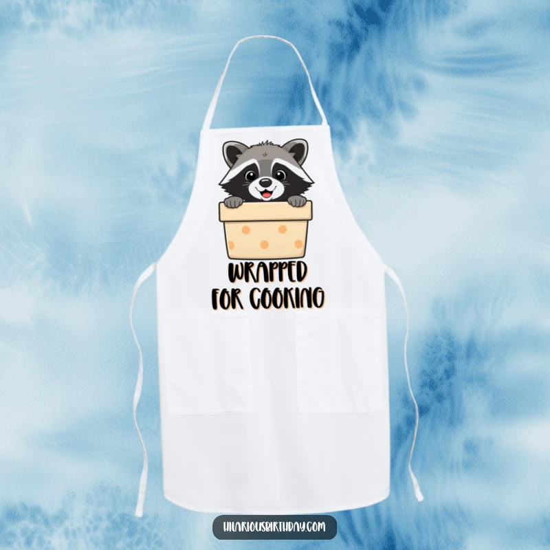 Funny raccoon apron, a cute bandit peeking from a gift box. Protects clothes with humor.