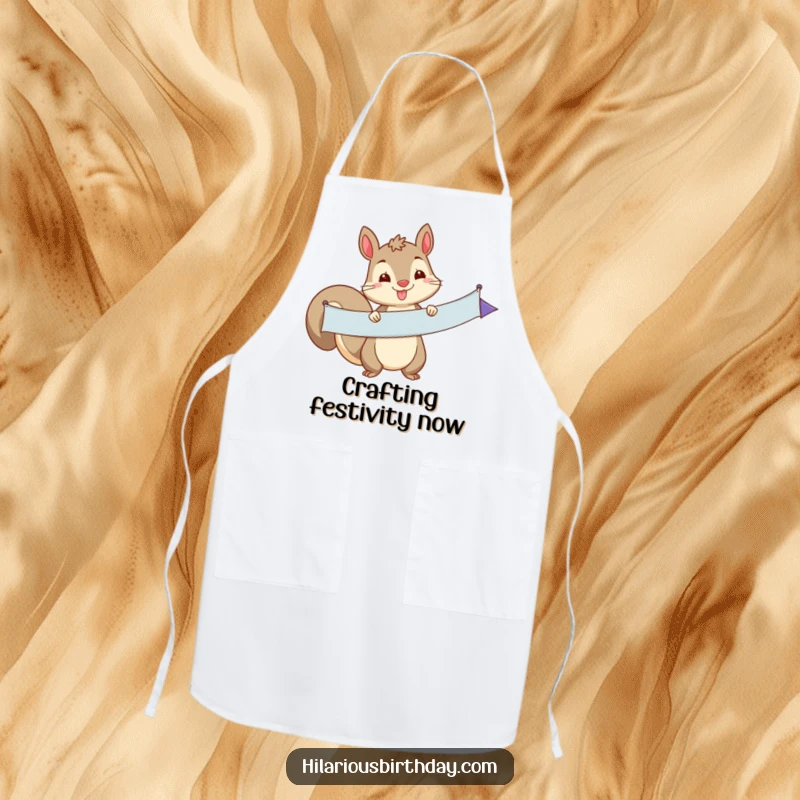 Funny squirrel character proudly holding a long party banner, ready for kitchen duty on this hilarious apron, a brilliant funny gift.