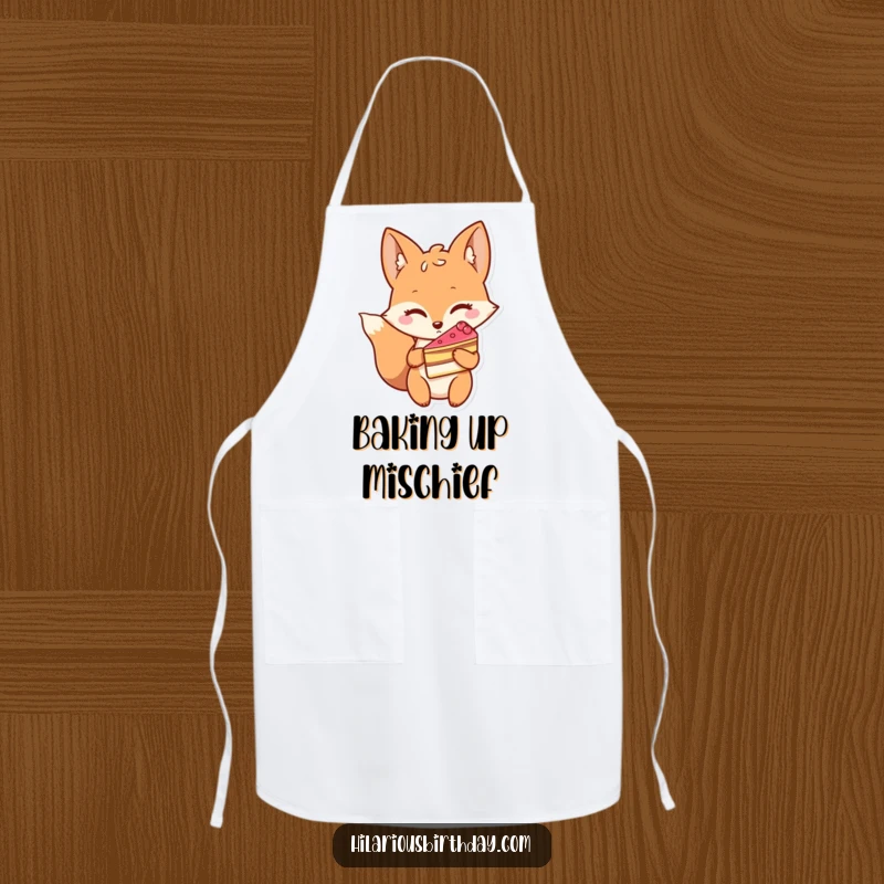 Funny apron featuring a winking fox character holding a slice of cake, perfect for baking with a sly smile.