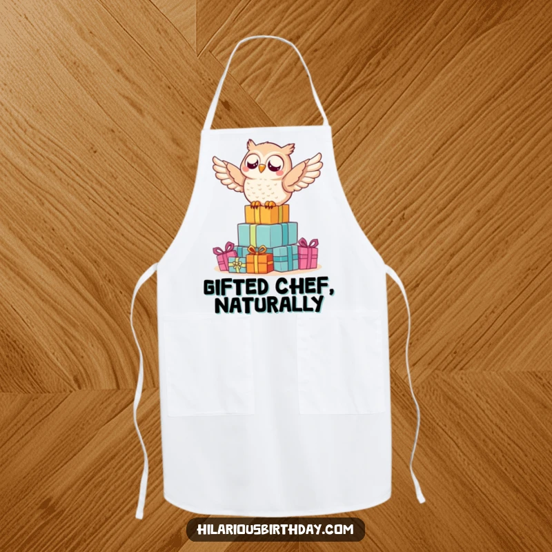 Funny owl apron showing a delighted owl perched on top of a large pile of wrapped gifts, ready to cook.