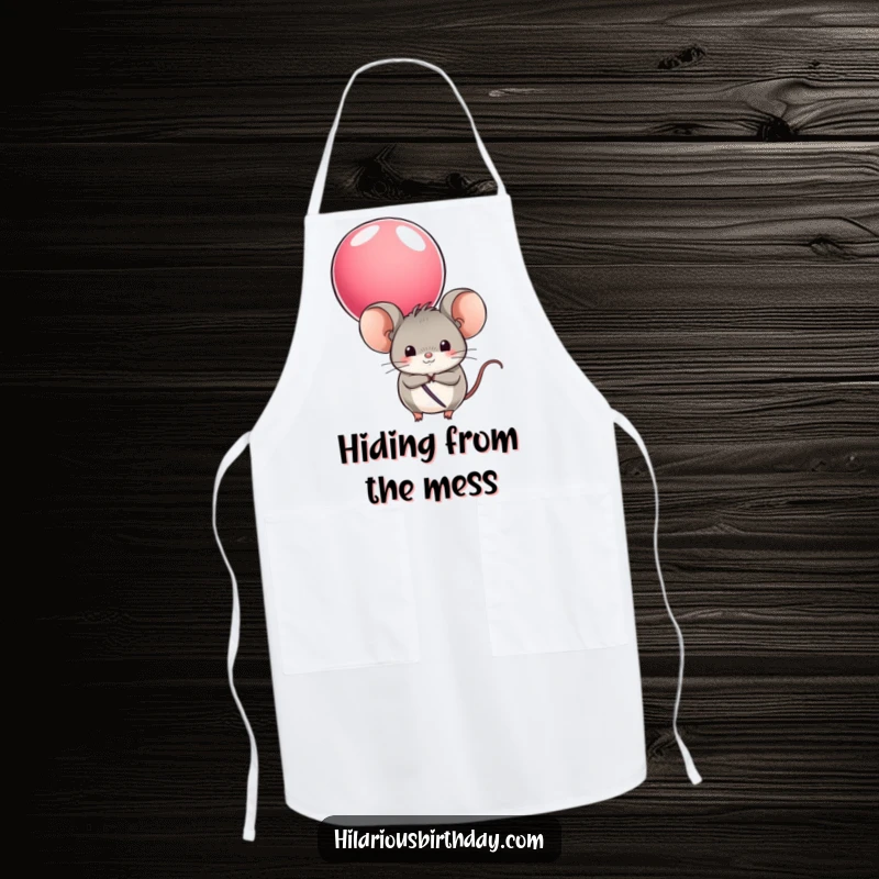 Funny apron with a round mouse character hiding behind a colorful balloon, adding humor to kitchen activities.