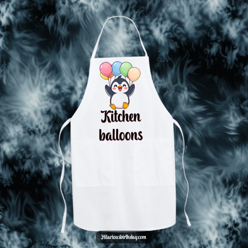 Funny apron featuring a cheerful Kawaii penguin character excitedly holding a bunch of colorful balloons, perfect for happy cooking.