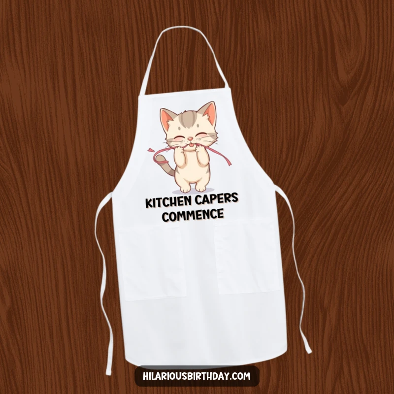 Funny mischievous kitten playfully tugging on a streamer on a kitchen apron, bringing playful fun to cooking.