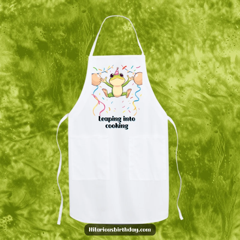 Funny apron with an energetic frog character leaping over party streamers, adding humor to kitchen activities.