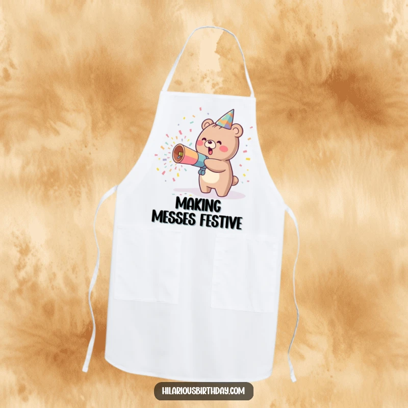 Funny kawaii bear character wearing an apron and joyfully launching confetti from a party cannon, ideal for a kitchen.