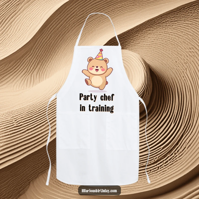 Funny kawaii bear in party hat, jumping happily, a cute kitchen apron, ideal for cooking and parties.