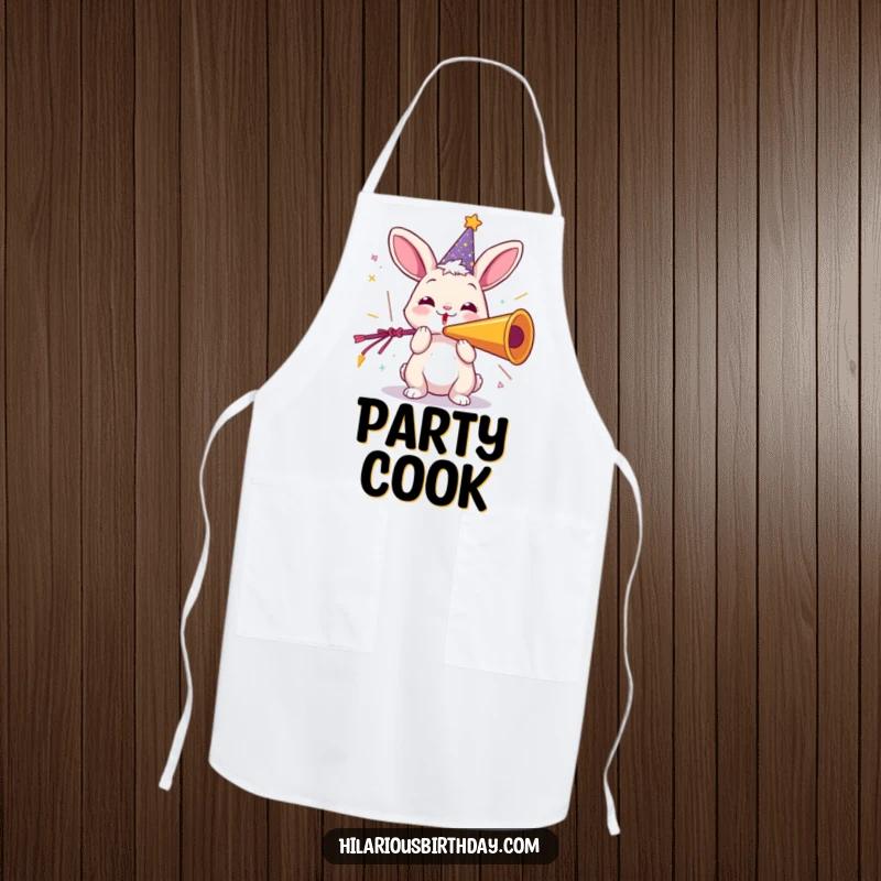 Funny apron featuring a playful rabbit in a party hat, joyfully blowing a giant party horn, perfect for festive cooking.